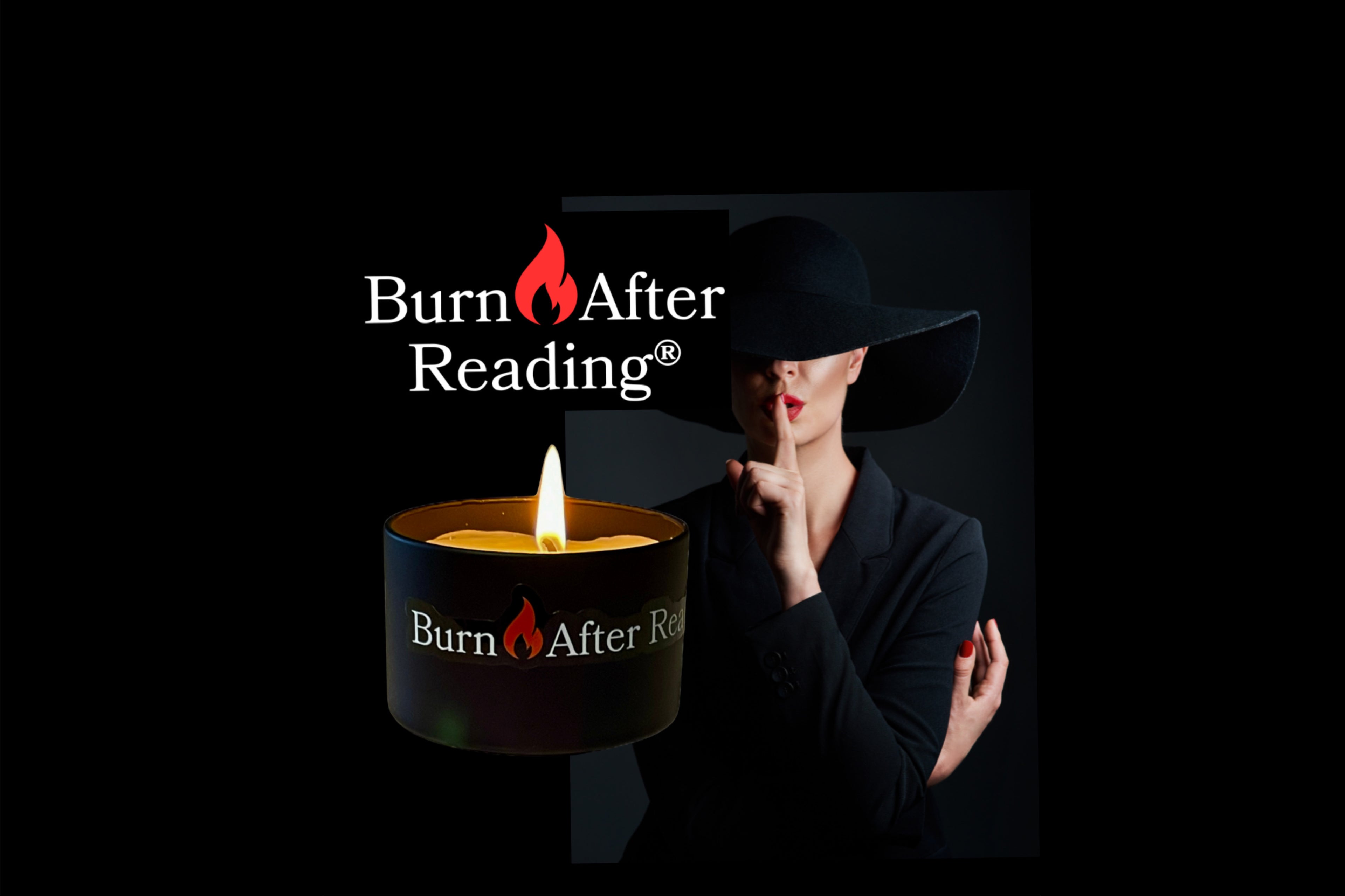 Container candle with 'Burn After Reading' logo held by a mysterious woman wearing a black hat with her index finger to her mouth to make the 'shush' gesture.